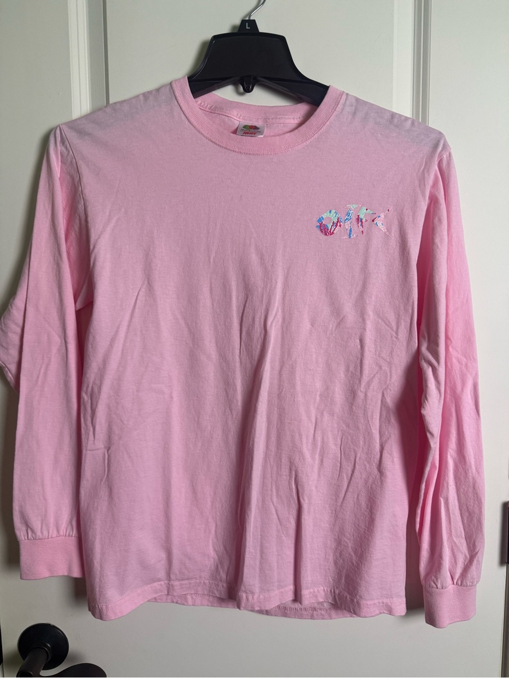 Fruit of the Loom Light Pink Long-Sleeve Tee with Small Chest Graphic